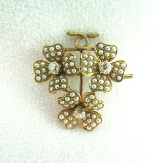 Antique Victorian 14k Yellow Gold,  Diamonds & Seed Pearls Floral Pin / Brooch