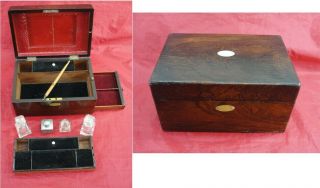 Antique Desk Set Inkwell Fountain Pen Mother Of Pearl Inlay Travel Writing Box