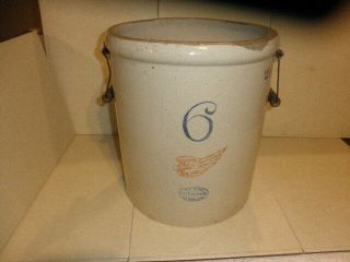 Antique 1915 Stoneware 6 Gallon Red Wing Union Crock W/orig.  Wooden Bail Handles