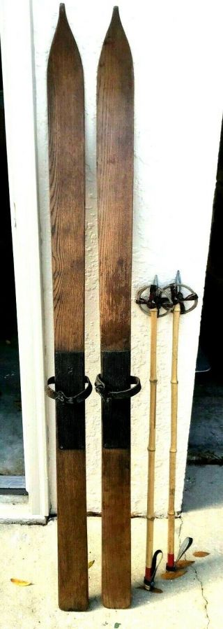 Vintage Wooden Youth Skis - 53 " Long W/ Poles