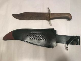 Vintage Large Bowie Knife With Sheath.  Wood Handle