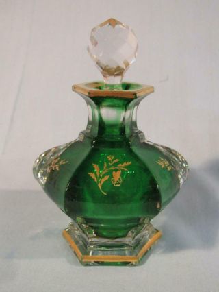 Heavy 5.  5 " Antique Emerald Green & Gilt Blown Glass French Perfume Bottle