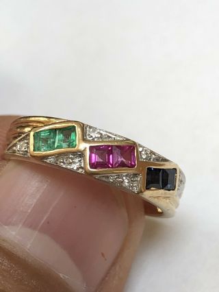 Vintage Estate 14k Yellow Gold Diamond Sapphire Emerald Ruby Band Ring