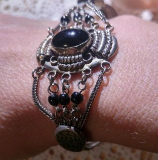 Antique Silver 800 Victorian Black Onyx Enamel Bracelet 7 3/4 "