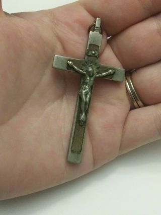 Antique French Crucifix Wooden Inlay Cross Pendant
