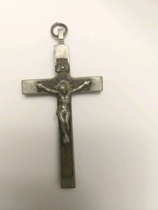 Antique French Crucifix Wooden Inlay Cross Pendant 2