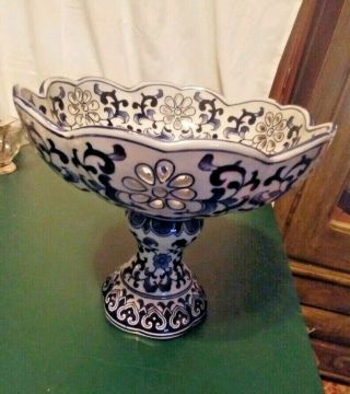 Blue & White Porcelain Foot Bowl 9 " Tall