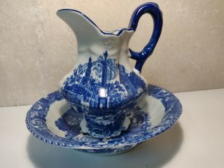 Vintage Victoria Ware Ironstone Pitcher And Basin Blue On White Old World Scenes