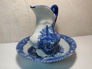 Vintage Victoria Ware Ironstone Pitcher and Basin Blue on White Old World Scenes 2