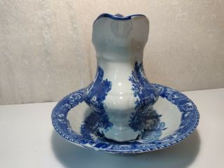 Vintage Victoria Ware Ironstone Pitcher and Basin Blue on White Old World Scenes 3