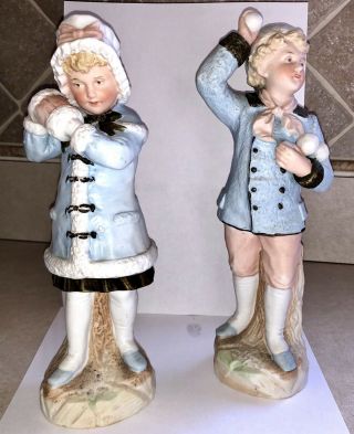 Rare Pair Gebruder Heubach German Bisque Figurines Boy And Girl Snowball Toss