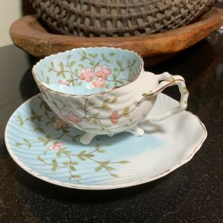 Scarce Twig Handle Shell Bowl Porcelain Mustache Cup And Saucer -