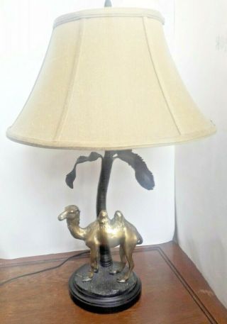 Vintage Brass Camel Palm Trees 24 " Table Lamp With Shade