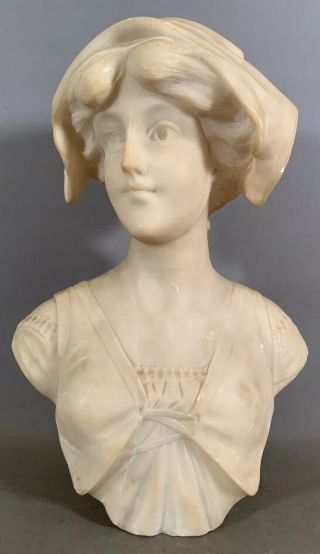 Lg Antique Art Nouveau Signed Carved Alabaster Statue Lady Bust Old Sculpture