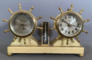 Antique Art Deco Ships Wheel Waterbury Nautical Weather Station Barometer Clock