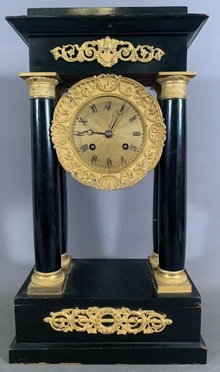 19thc Antique Victorian Era Gilt Brass Ormolu Old Ebonized Wood Portico Clock