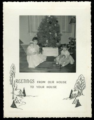 Vintage Merry Christmas Photo Greeting Card Little Girls Pose With Dolls & Tree