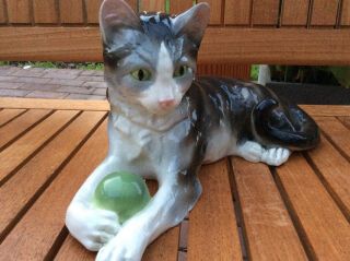 volkstedt dresden sitzendorf porcelain large cat playing with ball seldom item 2