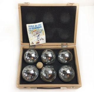 Vintage French Obut Petanque Bocce Balls Set 6 Steel & Wood Case Instructions M