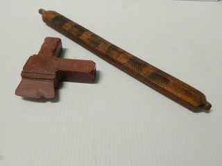 Vintage Antique Sioux Indian Catlinite Pipe W/ File Marked Stem Tomahawk Des