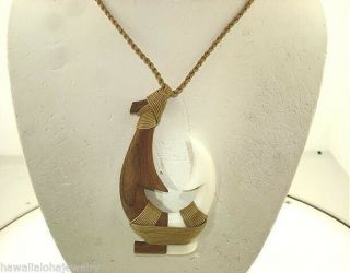 45mm Xl Composite Carved Koa Wood Water Buffalo Bone Hawaiian Fish Hook Necklace