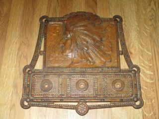 Antique Judd Cast Iron Native American Indian Chief 3 Hook Wall Rack (rare)