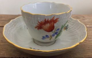 Antique 19thc Meissen Porcelain Teacup And Deep Saucer Painted Flowers Orange 2