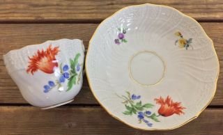 Antique 19thC Meissen Porcelain Teacup And Deep Saucer Painted Flowers Orange 2 2