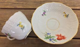 Antique 19thC Meissen Porcelain Teacup And Deep Saucer Painted Flowers Orange 2 3