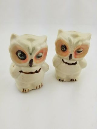 Vintage Shawnee Pottery Winking Owl Salt And Pepper Shakers Brown Blue Peach