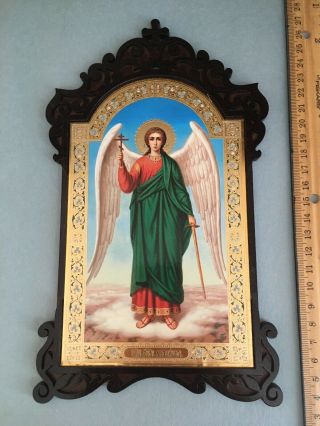 Guardian Angel Russian Icon - Ornate Wooden Frame - Angel Holds Cross And Swords