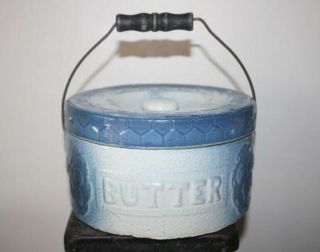 Antique Blue Salt Glaze Butter Crock Handle And Cover Primitive Stoneware Lid