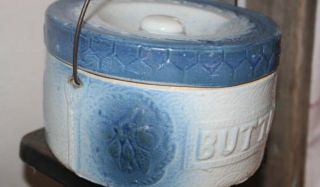 Antique Blue Salt Glaze Butter Crock Handle and Cover Primitive Stoneware Lid 3