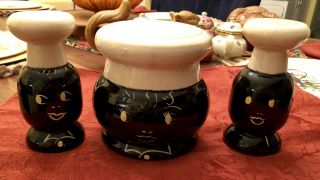 Vintage Black Americana Salt And Pepper Shakers Plus Matching Grease Pot Rare