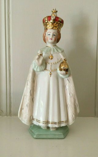 Vintage Baby Jesus Of Prague Opal Robe Gold Crown/orb Porcelain Hand Painted