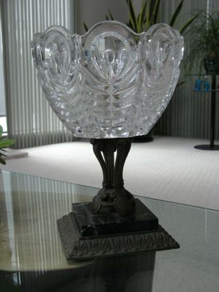 Mid - Century Heavy Cut Crystal/glass Bowl Bronze Marble Base 13 " X 8.  5 "