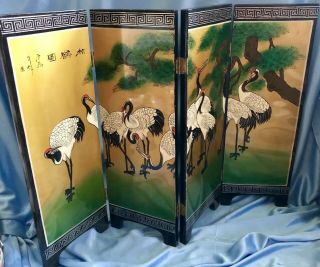 Vintage Mid Century Black Lacquer Oriental 4 Panel Table Screen Cranes Vibrant
