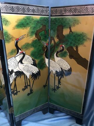 Vintage Mid Century Black Lacquer Oriental 4 Panel Table Screen Cranes Vibrant 2