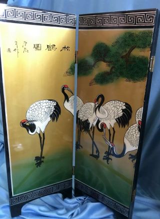 Vintage Mid Century Black Lacquer Oriental 4 Panel Table Screen Cranes Vibrant 3