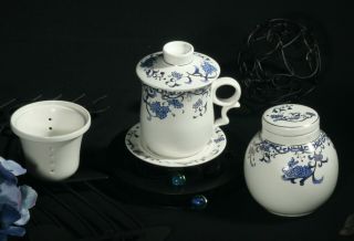 Fine Porcelain Tea Mug W/lid,  Infuser (strainer),  Saucer,  Canister Blue &white&gold