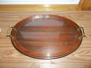 Antique Oval Mahogany Serving Tray With Glass Top & Brass Handles 18.  5 " X 13 "
