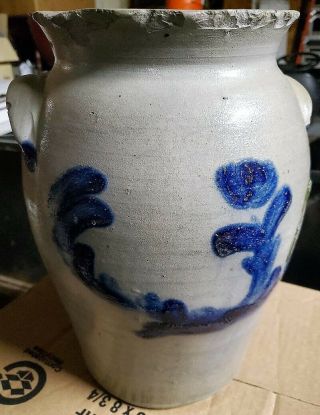 Antique 3 Gallon Blue Decorated Stoneware Crock With Top Edge Chips