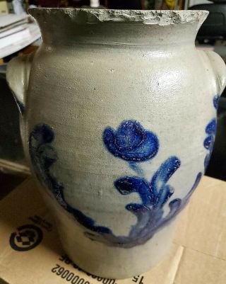Antique 3 Gallon Blue Decorated Stoneware Crock with Top Edge Chips 2