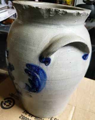 Antique 3 Gallon Blue Decorated Stoneware Crock with Top Edge Chips 3