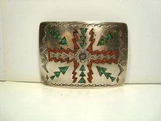 Vintage Navajo Silver Belt Buckle With Turquoise & Coral Chip Inlay