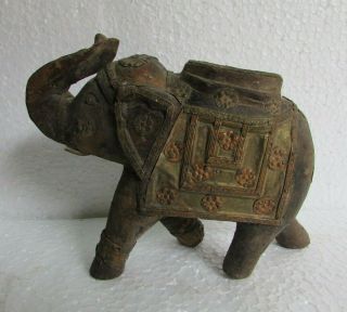 Antique Old Collectible Hand Carved Wooden Brass / Copper Fitted Elephant Statue