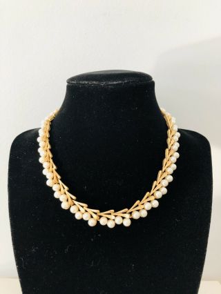 Vintage Trifari Necklace Gold Tone With Faux Pearls -.