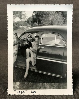Woman Showing Legs Automobile Risque Vintage B&w Photograph Snapshot Picture