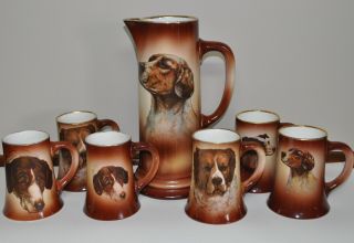W H Tatler Trenton Nj Antique Art Nouveau Pottery Pitcher Dog 6 Mugs Whippet