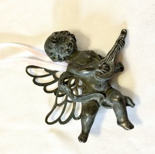 Antique Heavy Bronze Winged Angel Cherub Music Musician Violin Hanging Ornament